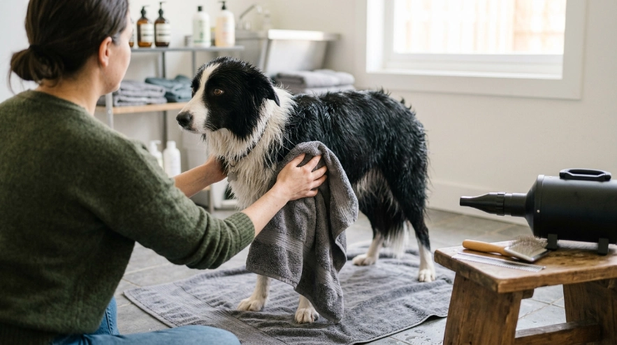 Owner blotting a wet Border Collie's double coat with towels after a home bath