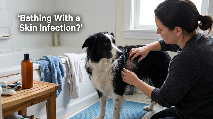 wner checks a Border Collie's skin before deciding whether to give a medicated bath.