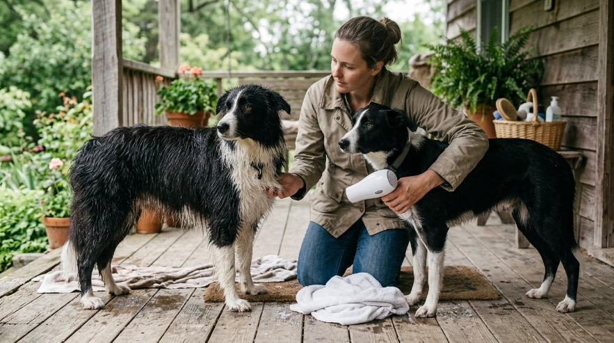 Rough and smooth Border Collies compared after bathing to show different drying needs.