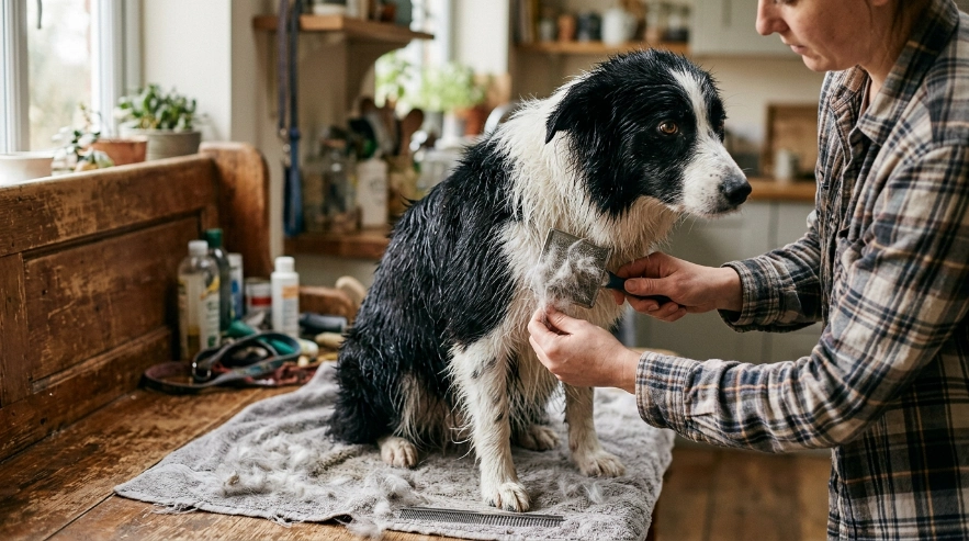 Close-up of loose Border Collie undercoat being brushed from the coat after bathing.