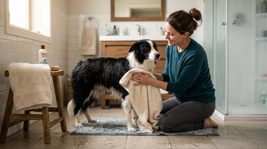 Owner towel drying a wet Border Collie in a warm bathroom after bathing