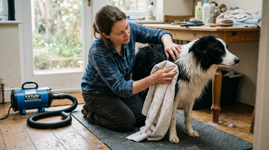 Owner towel-drying a Border Collie's dense undercoat after a gentle bath