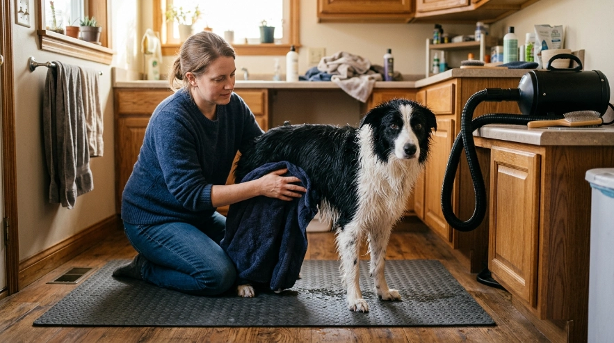 Owner towel drying a wet Border Collie's dense double coat after bathing