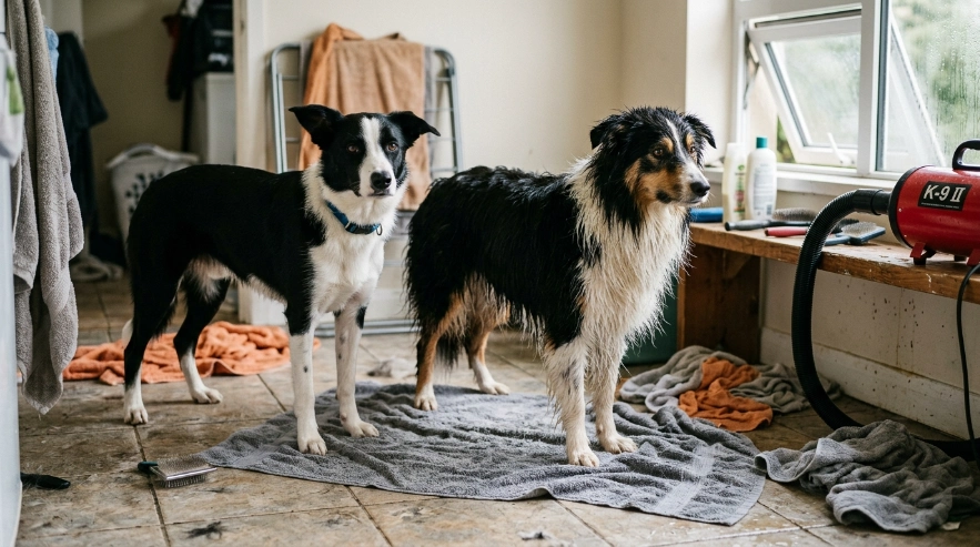 Rough-coated Border Collie air-drying indoors after towel drying