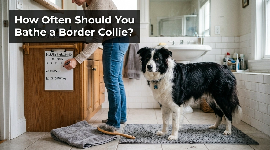 Border Collie beside grooming supplies showing how often the breed may need a full bath
