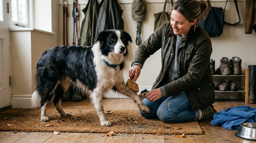 Owner brushing dried mud from a Border Collie instead of giving a full bath