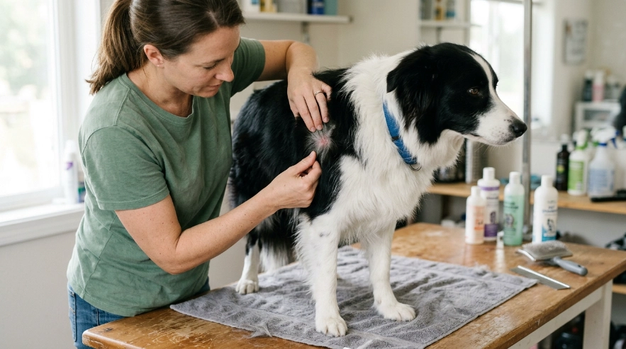 Owner checking a Border Collie's dense coat for a small red hot spot