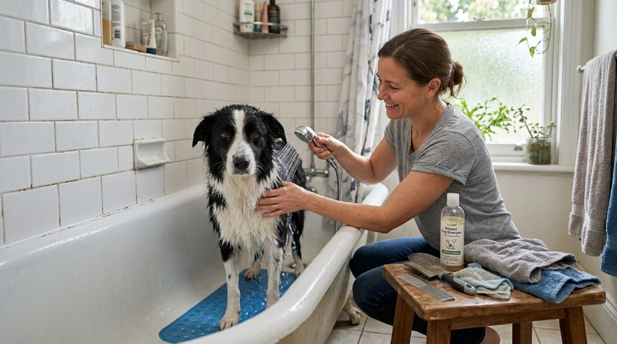 Border Collie bath scene illustrating tangles, excess shampoo, and incomplete coat preparation.
