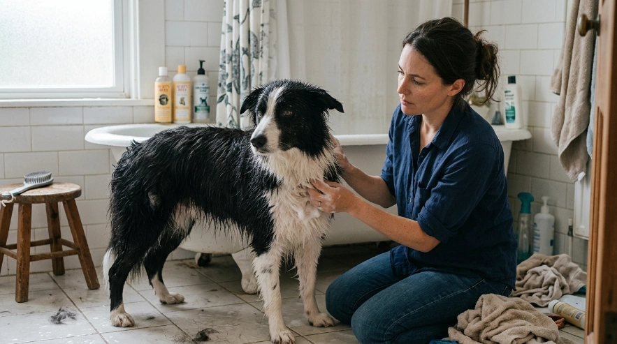 Safe Border Collie bath setup with brush, dog shampoo, towels, non-slip mat, and dryer