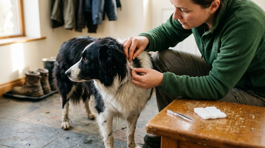 Owner inspecting a Border Collie tick bite after careful tick removal