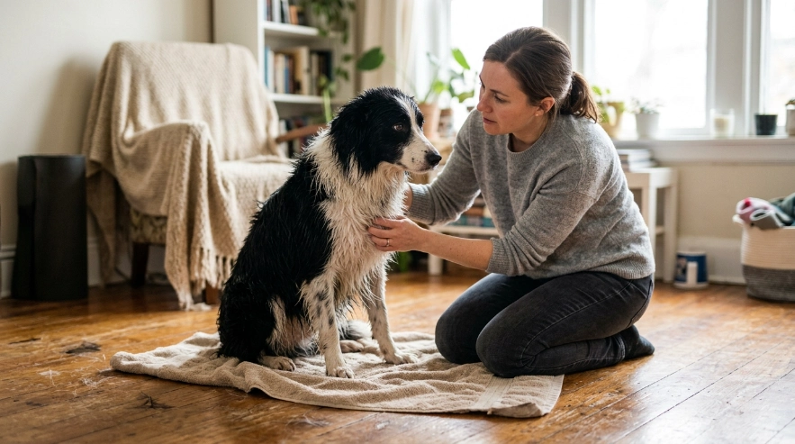 Owner checking a damp Border Collie for signs of being too cold after a bath