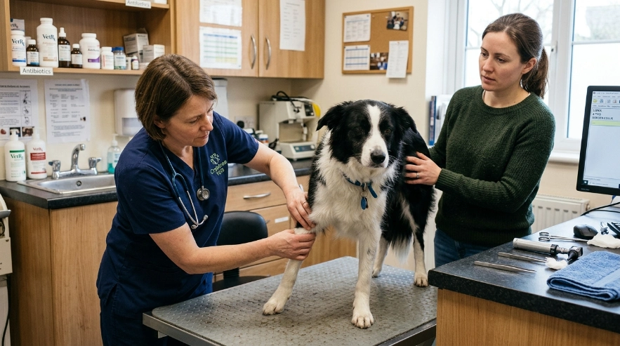 Veterinarian examining a Border Collie for warning signs after a tick bite.