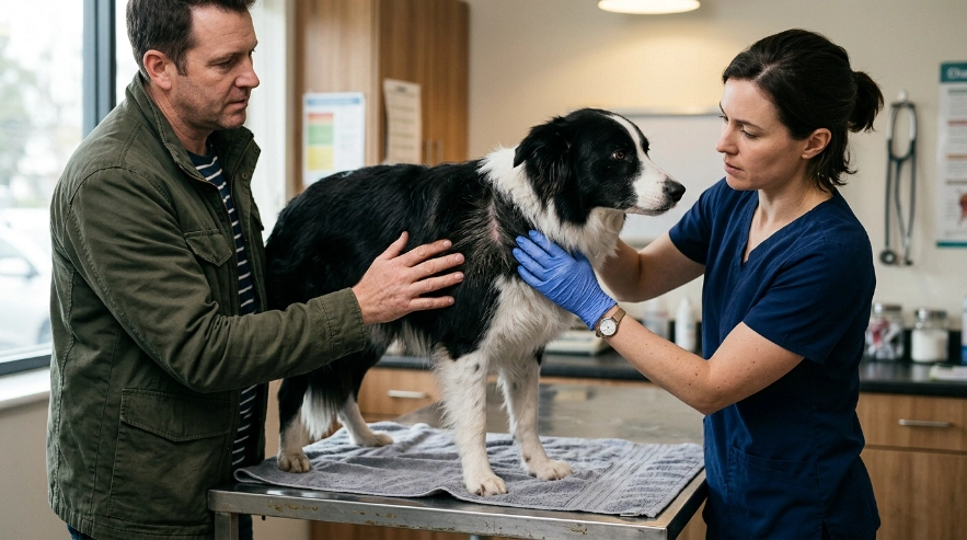 Veterinarian checks a Border Collie's greasy coat for redness, flakes and skin problems