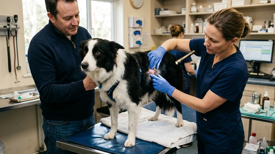 Veterinarian examining an itchy Border Collie's skin for redness and other warning signs.