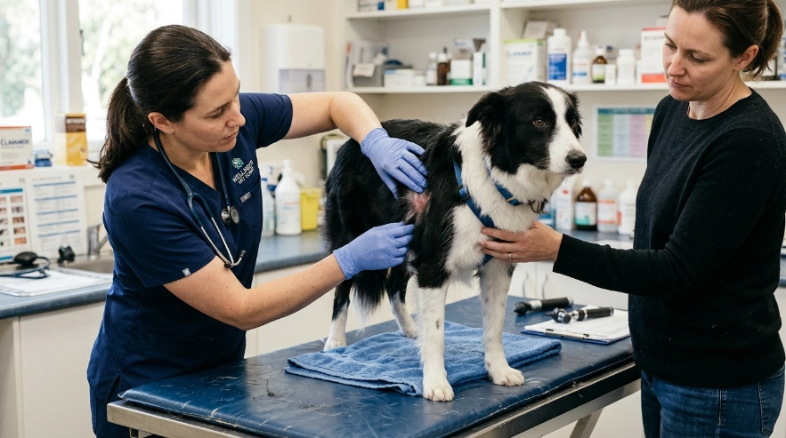 Veterinarian checking a Border Collie for abnormal shedding and irritated skin after bathing.