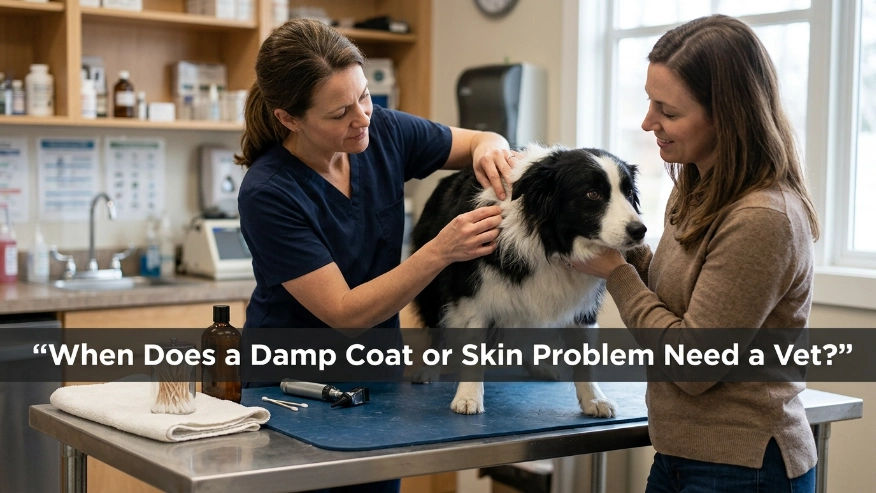 Veterinarian examining a Border Collie’s skin after persistent post-bath irritation.