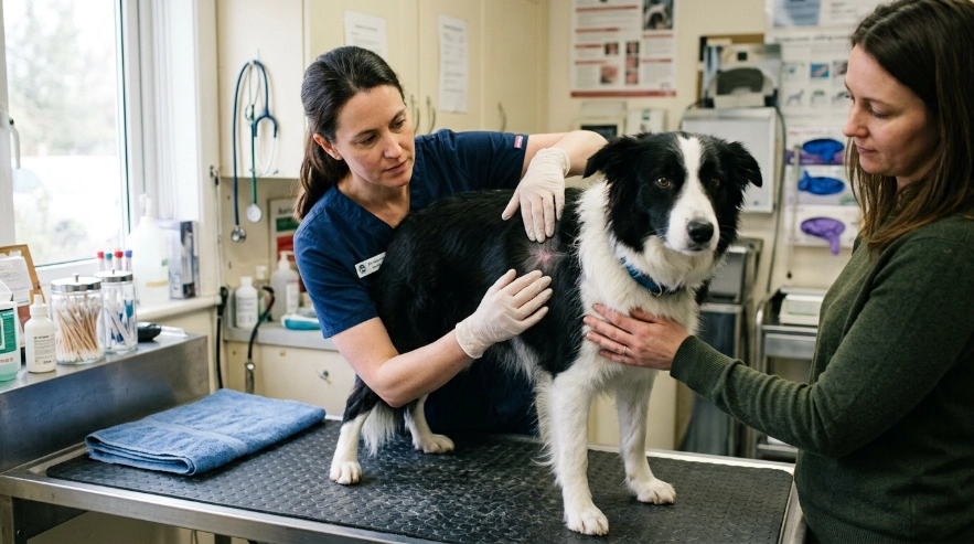 Veterinarian examining a Border Collie's skin for signs of abnormal shedding and hair loss.
