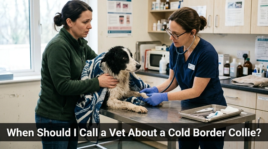 Veterinarian examining a cold Border Collie with persistent post-bath symptoms.