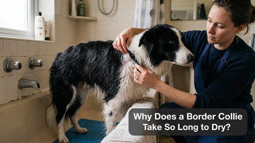Border Collie coat parted to reveal damp dense undercoat beneath dry-looking outer fur.