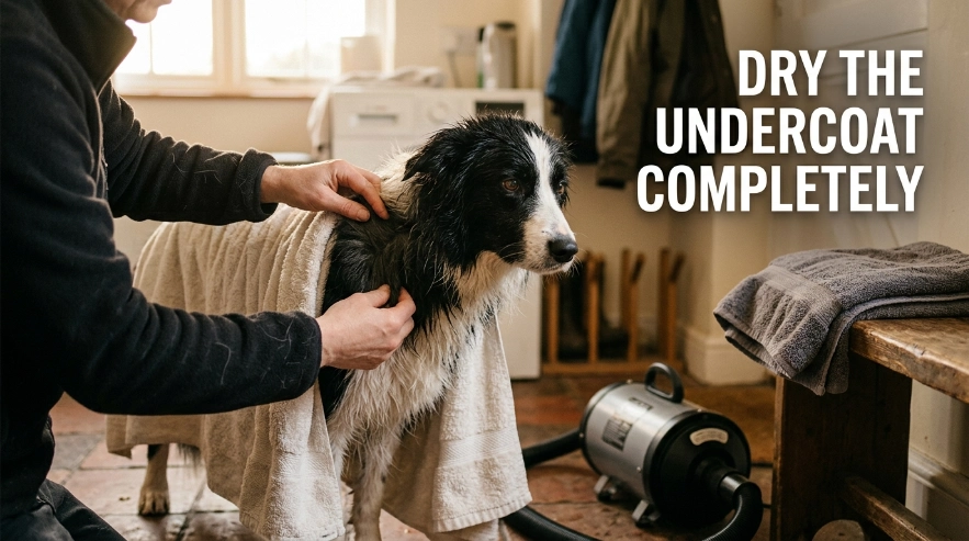 Owner checks a Border Collie's damp undercoat while towel drying after a medicated bath.