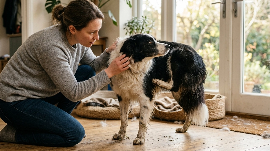 Owner inspecting an itchy Border Collie's skin after the dog scratches its neck.