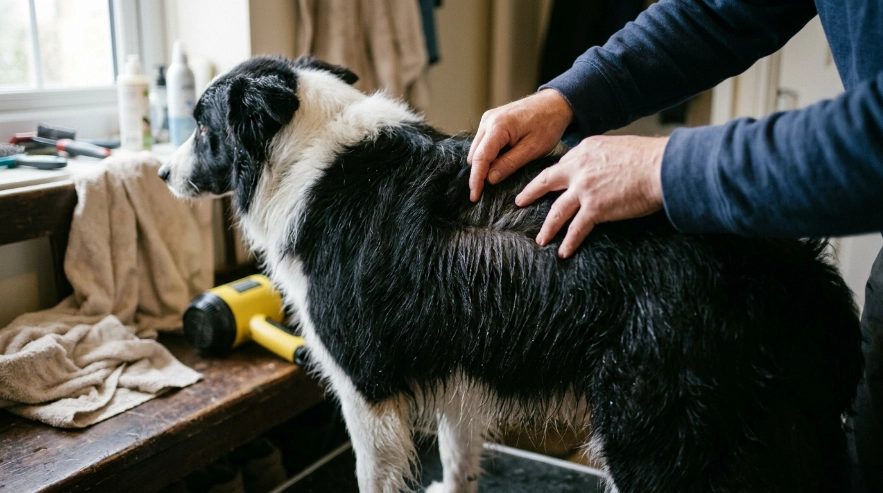 Damp Border Collie undercoat revealed beneath a dry-looking outer coat after bathing.