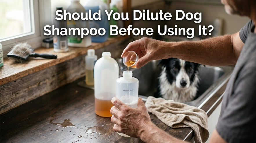 Owner mixing diluted dog shampoo before washing a thick-coated Border Collie