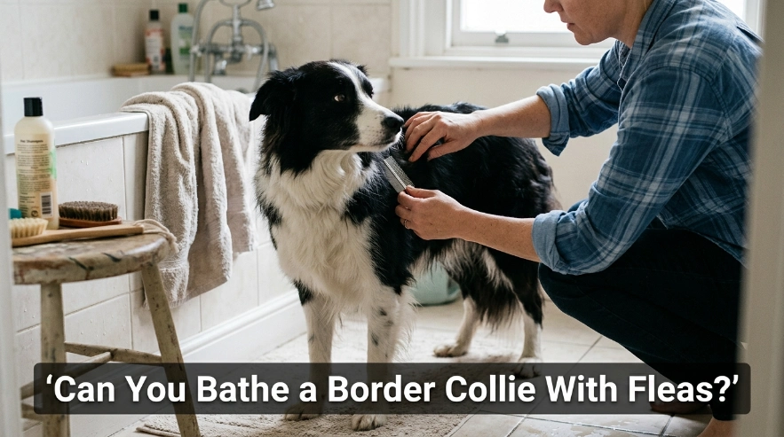 Owner checks a Border Collie's double coat for fleas before bathing