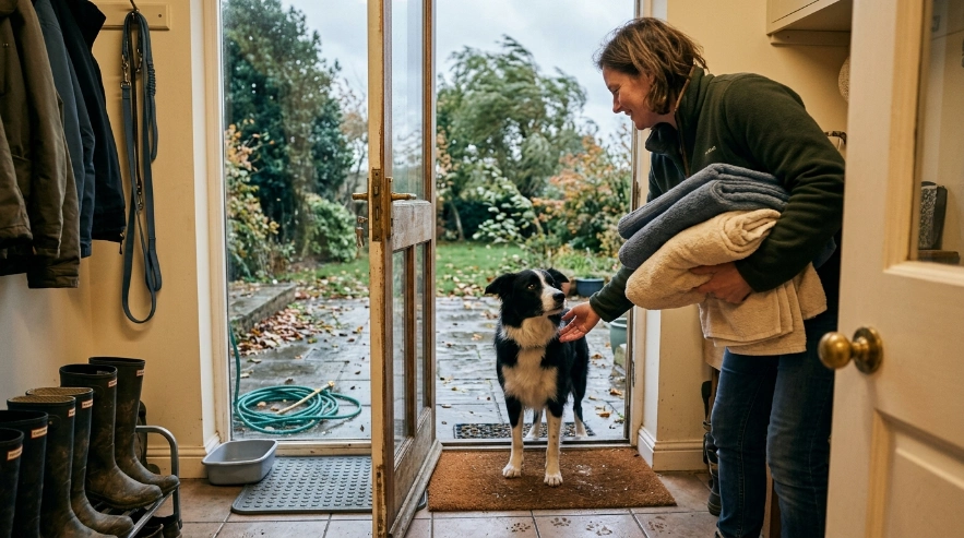 Owner keeps Border Collie indoors instead of bathing outside during cold, windy weather