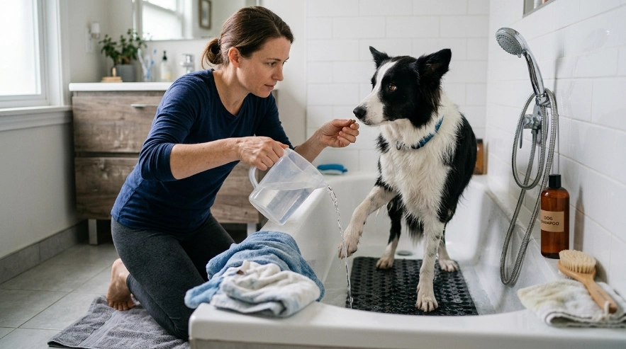 Owner gently wetting a Border Collie's paws during a calm bath introduction