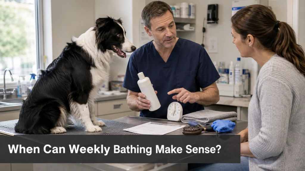 Veterinarian explains a prescribed weekly medicated-bath schedule to a Border Collie owner.