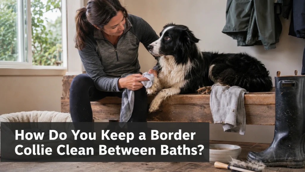 Owner wipes a Border Collie’s muddy paws and legs while using between-bath grooming supplies