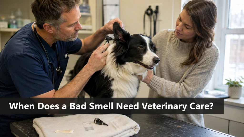 Veterinarian examines a Border Collie with persistent odor and possible ear or skin symptoms.