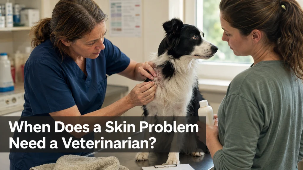 Veterinarian examining a Border Collie with irritated skin after shampooing