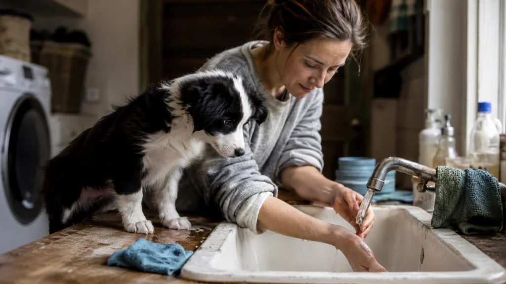 Healthy eight-week-old Border Collie puppy being prepared for its first gentle home bath