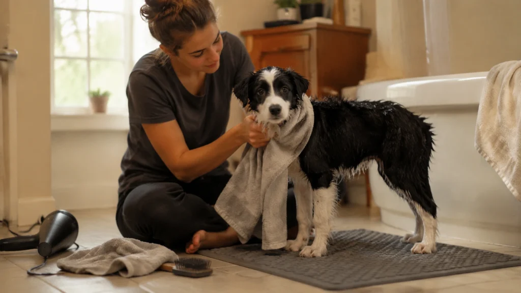 Owner towel-blotting a wet Border Collie puppy on a dry nonslip mat