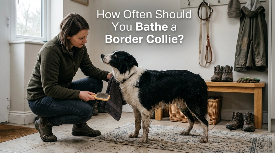 Muddy Border Collie being checked after a walk to decide whether a full bath is needed