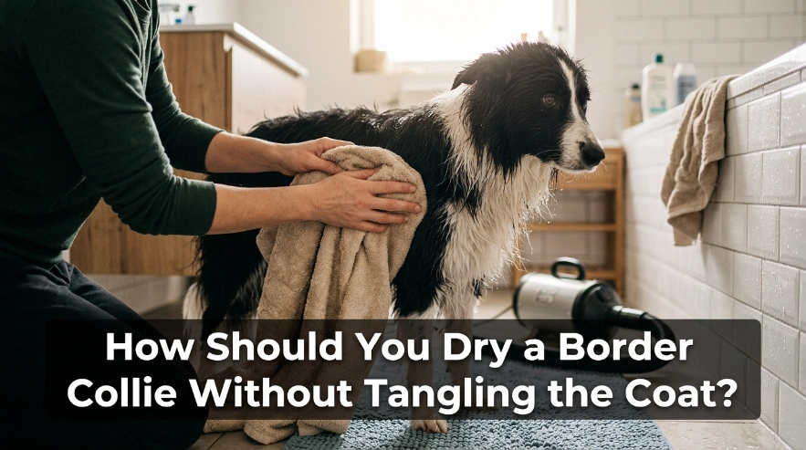Owner blotting and separating a wet Border Collie's coat after bathing.