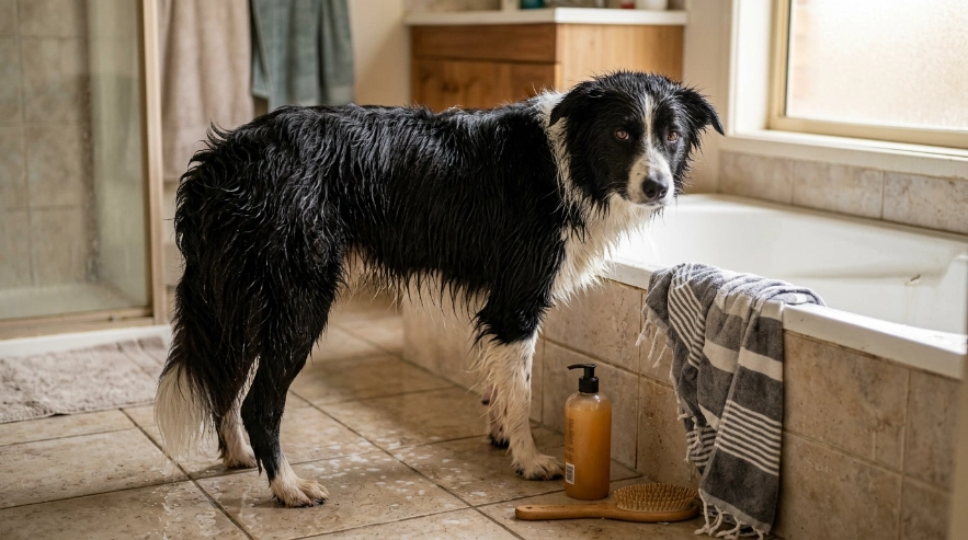 Border Collie with slick greasy-looking fur immediately after a home bath