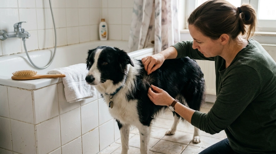 Owner checking flaky dry skin beneath a Border Collie’s dense double coat before bathing.