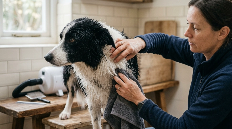 wner checking a Border Collie's dense undercoat while towel drying after a bath