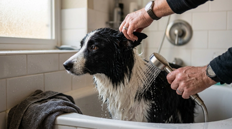 Owner shielding a Border Collie's ear while directing bath water safely down the neck.