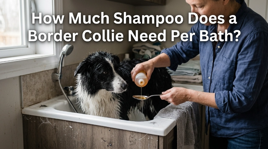 Tablespoon measuring dog shampoo beside a wet adult Border Collie during bath time