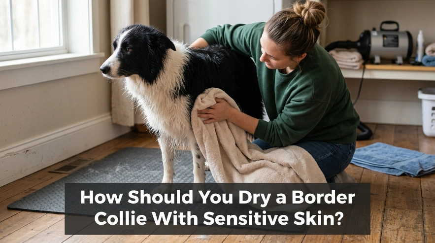 Owner gently towel-dries a Border Collie's wet double coat after a sensitive-skin bath