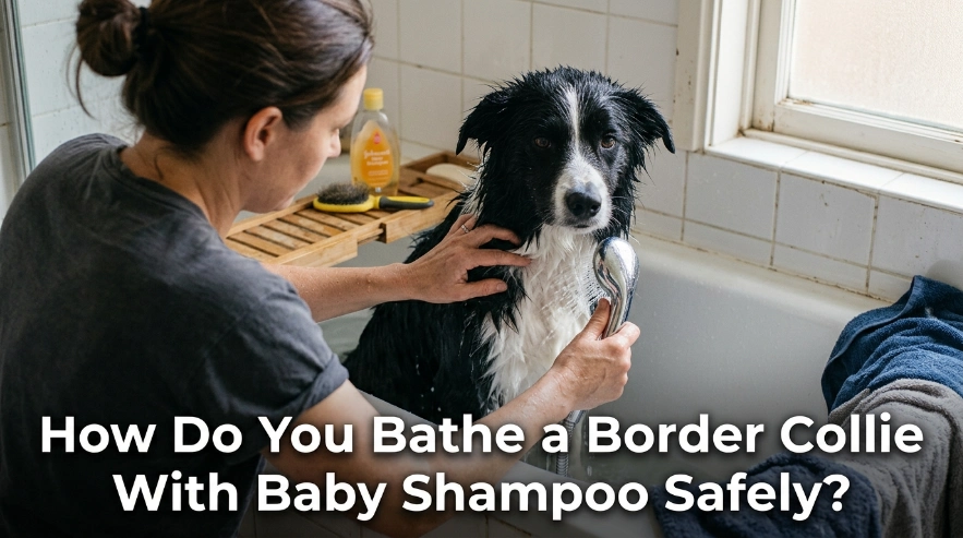 Owner thoroughly rinsing shampoo from a wet Border Collie's double coat.