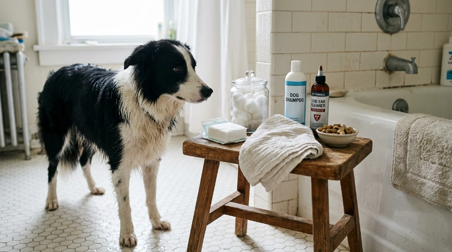 Gauze, towel, dog ear cleaner, shampoo, and treats prepared for Border Collie ear care.