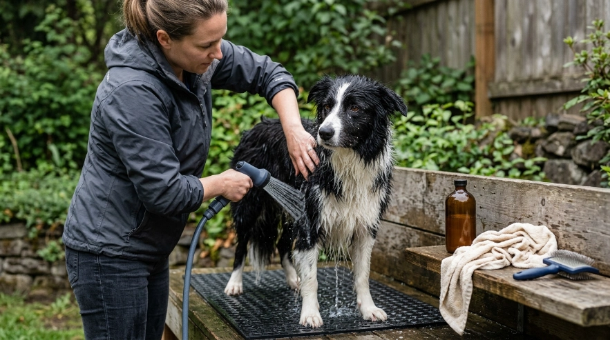 Owner thoroughly rinses a wet Border Collie's double coat with lukewarm water outdoors.