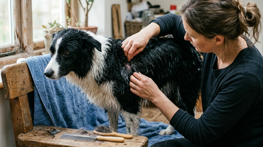 Owner checking a Border Collie's damp coat for bubbles and signs of leftover shampoo.