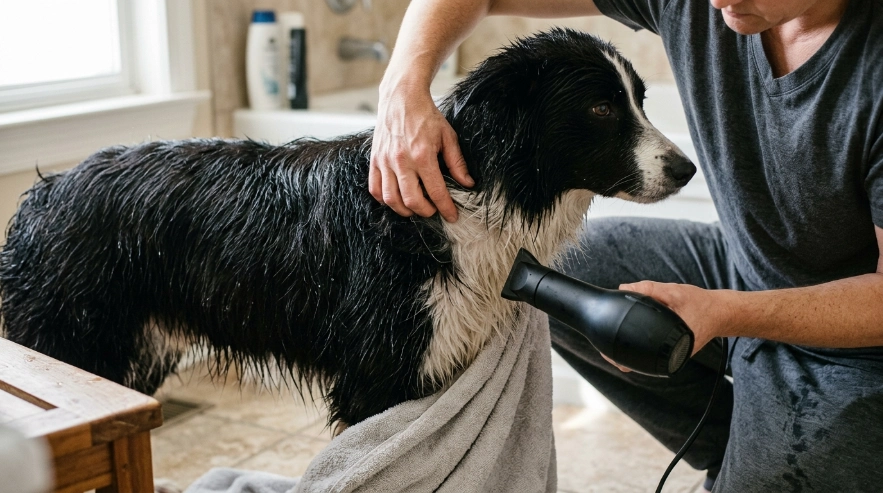 Owner rinsing and drying the dense double coat of a Border Collie after a gentle bath