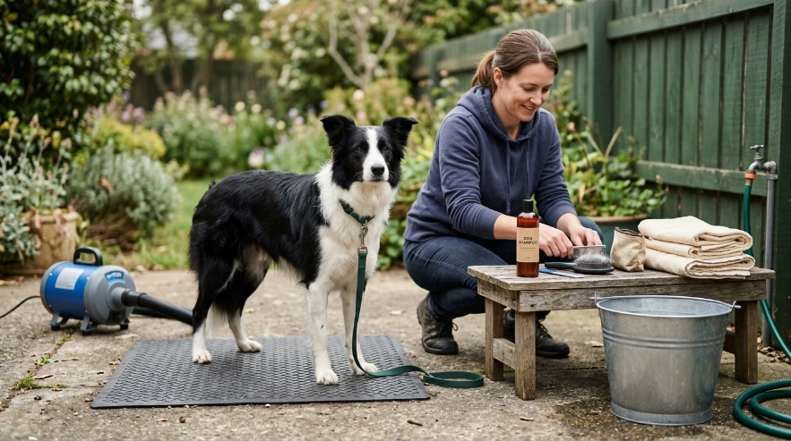 Border Collie beside shampoo, lukewarm water, brushes, towels and a non-slip bathing mat.